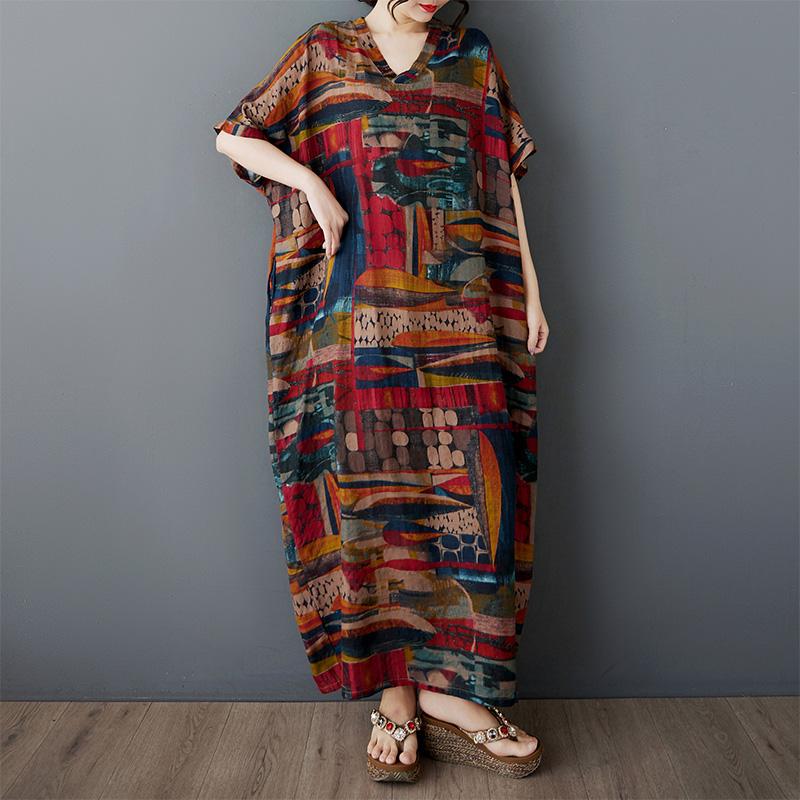 

Dimanaf 2025 Лето Женщин Плюс Размер Свободное Платье Печати Короткий Рукав Платье Базовое Повседневное Платье Винтаж Новое One Size коричневый