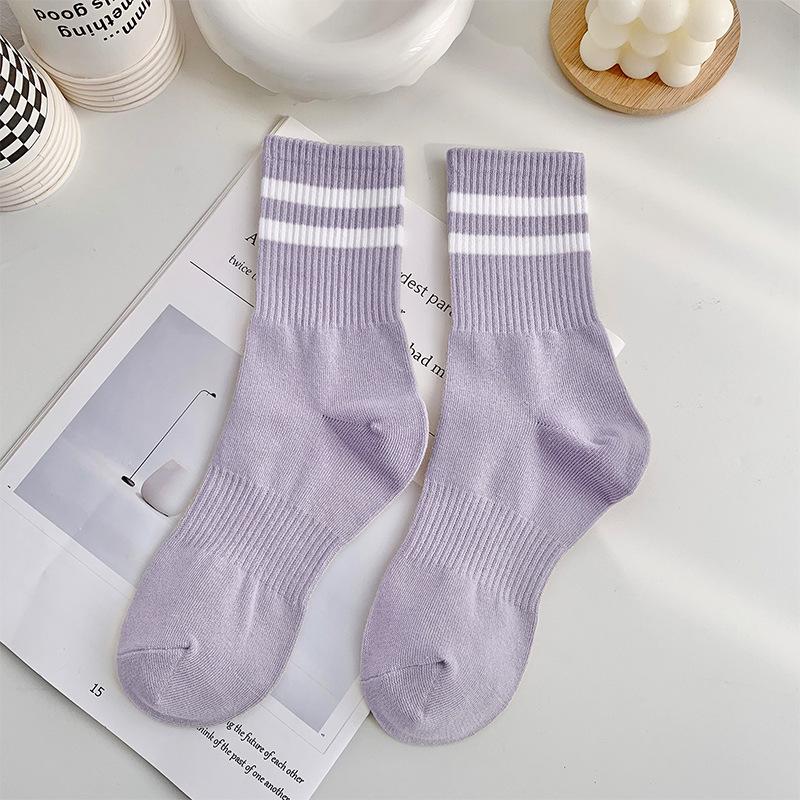 Women's Mid-Calf Two-Bar Stripe Pure Cotton Socks, Odor-Resistant, Anti-Pilling, Versatile for Sports and Casual Wear.