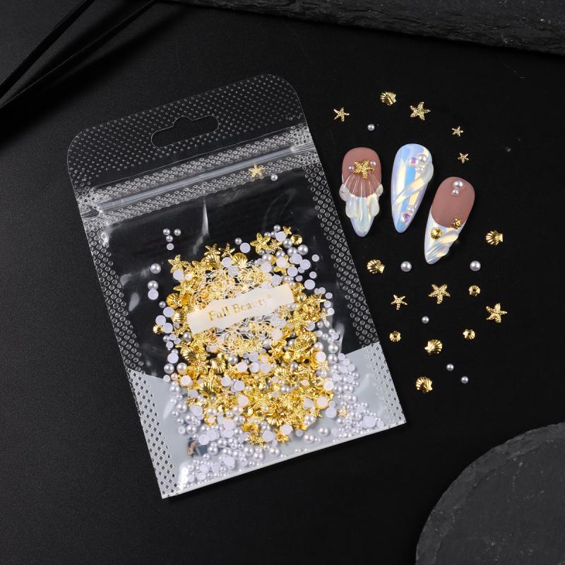 1 Bag Mixed Gold Ocean Style Nail Art Charms 3D Shell Starfish Pearl Metal Nail Jewelry Diy Nail Charm Decoration