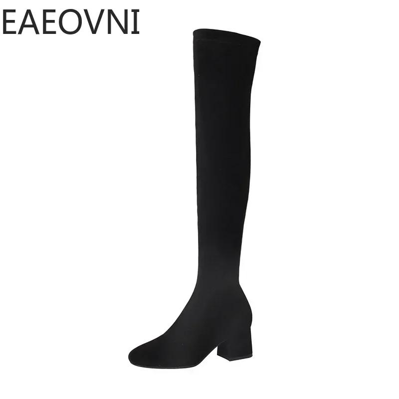 Fashion Stretch Cloth Long Boots Women Fashion Slip On Square Heel Over the Knee High Boots Winter Shoes Ladies Elegant Mordern Booties