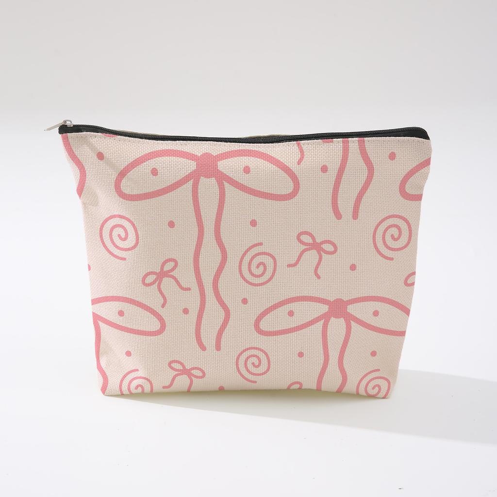 Pink Bowknot Zipper Storage Bag Travel Portable Wash Pouch Student Pencil Case Multi-Purpose Organizer for Women