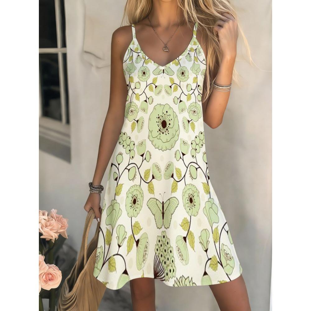 Women's Casual Bohemian Style, Summer Deep V-Neck Spaghetti Strap Midi Dress