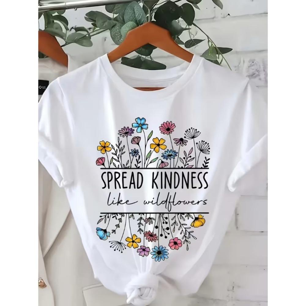 Spread Kindness Like Wildflowers Graphic T-Shirt Women’s Crew Neck Short Sleeve Tee Colorful Floral Print for Daily Wear S