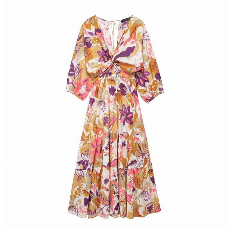 European American Women s Clothing Fashionable Loose Printed V-neck Waist Dress XS