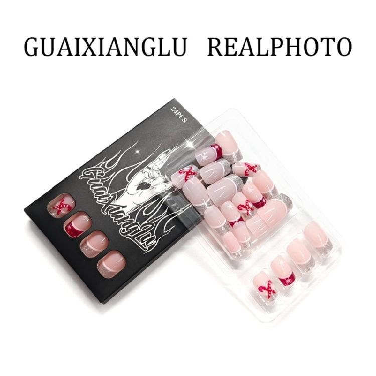 Christmas Party Glittering Fake Nail Short Oval French Styles Snowflake Cane Pattern Easily Wear