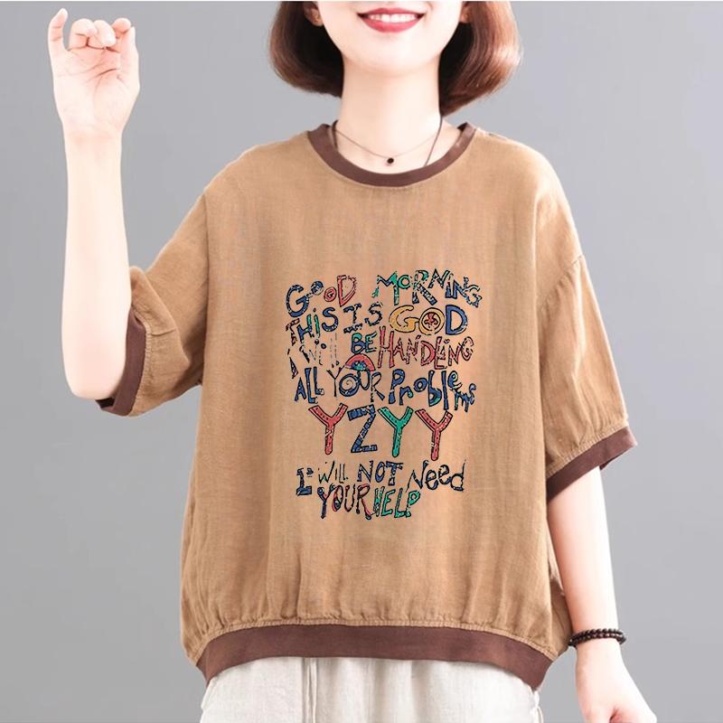 Women's Short Sleeve Shirt Japan Style Vintage Linen Tree Printed T Shirt Chic Women Blouse Loose