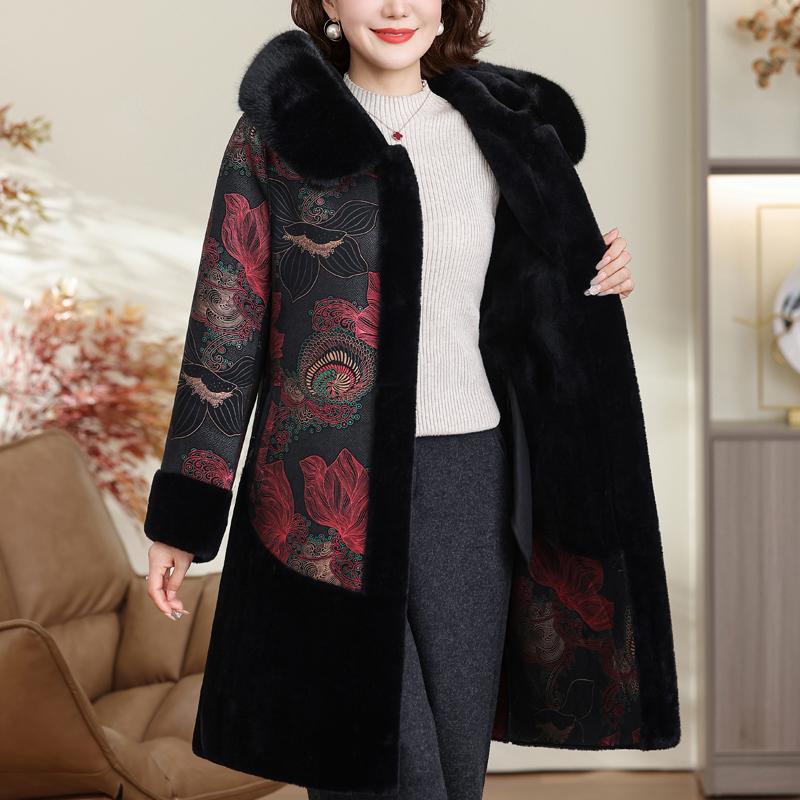 Nositelný z obou stran Dámský dlouhý kabát z umělé kožešiny pro ženy středního věku ve velkých velikostech Zimní svrchní oděv s kapucí Elegantní Hřejivá silná kožešinová bunda pro ženy Oblečení