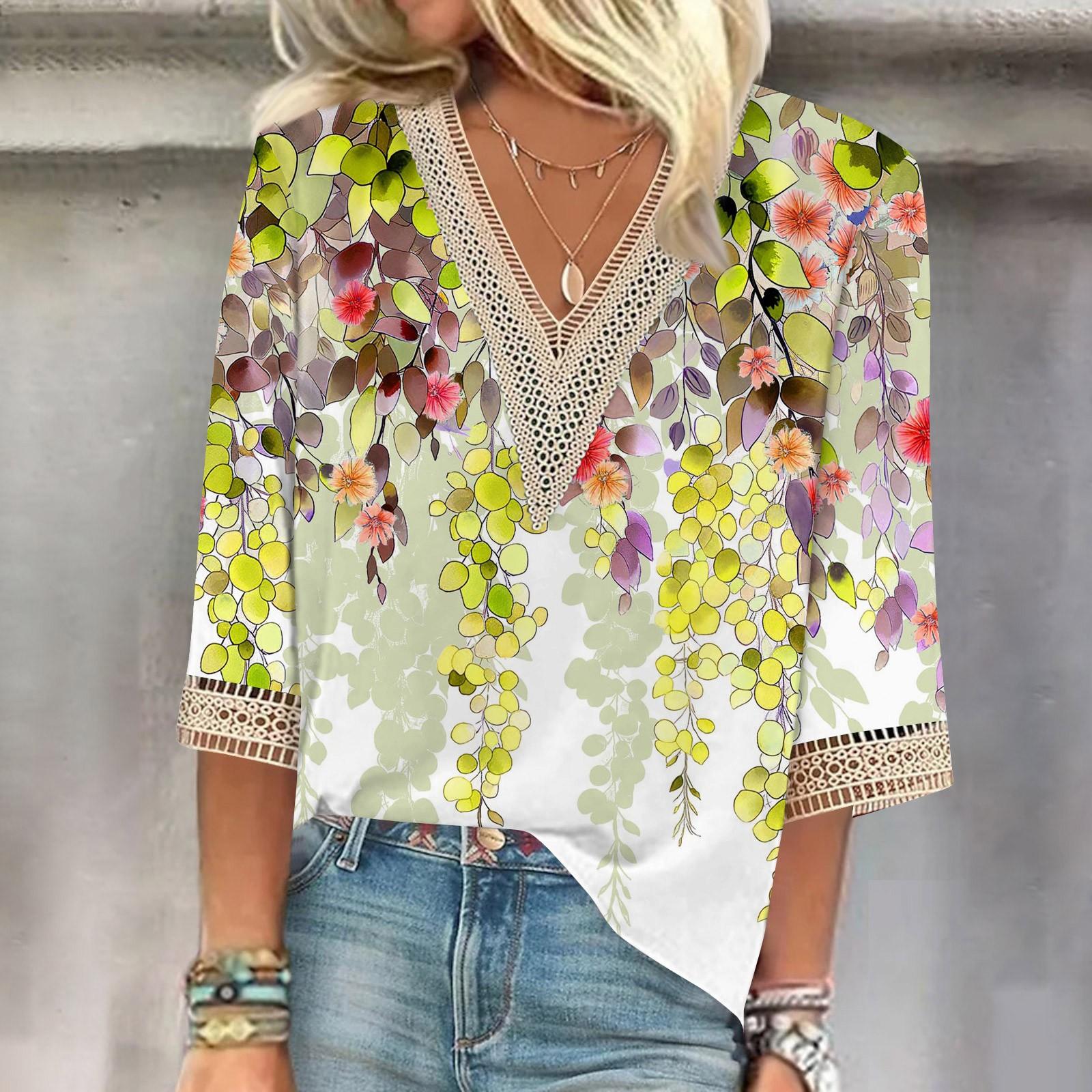 

Женская рубашка, блузка, повседневные свободные рубашки, рукава 3/4, кружевные топы с v-образным вырезом и принтом, топы с принтом, футболки, футболки XL жёлтый