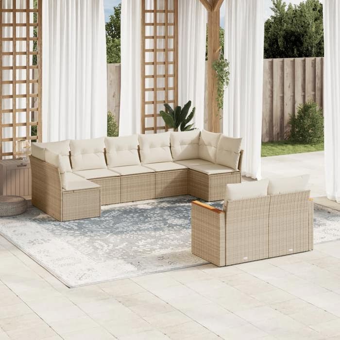 VidaXL Salon de Jardin avec Coussins 9 pcs, Canapés de Terrasse, Ensemble de Meubles de Patio, Mobilier d'Extérieur, Beige 3226289