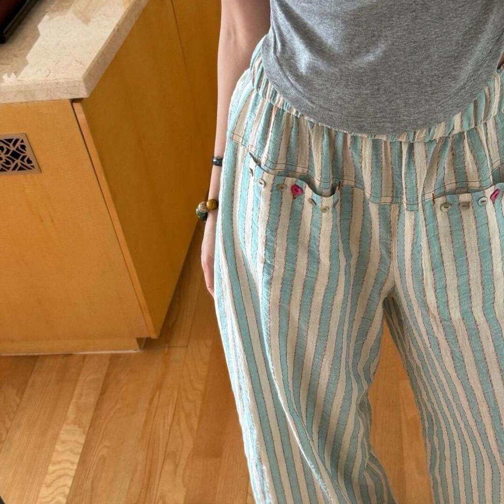 Cotton and Linen Striped Pants for Women In Summer Thin Casual Loose Straight Leg Pants Wide Leg Pants for Strolling