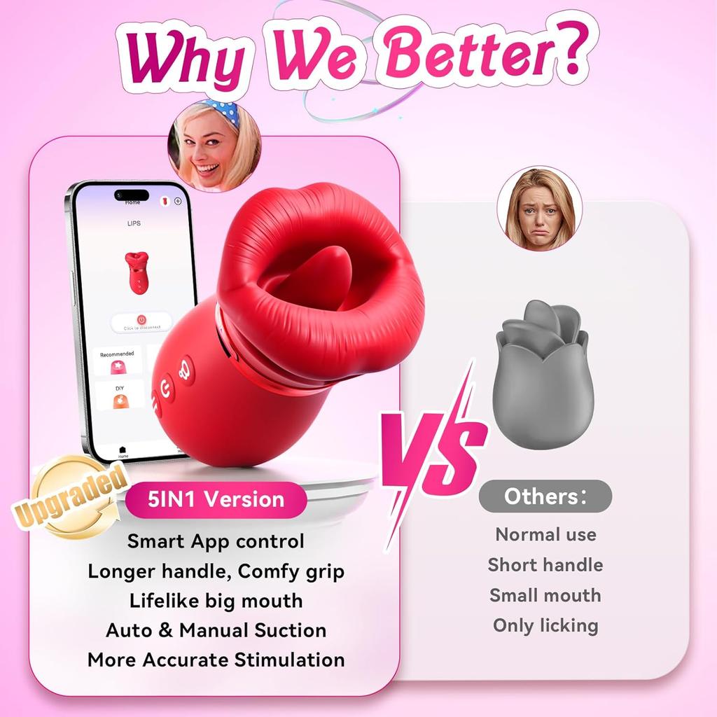 APPP Vibrator Adult Sex Toys for Women 5IN1 Mouth Sucking Vibrator Rose Sex Toy, 10 Tongue Licking Anal Clit Nipple Vibrators Female Couples Sex Toys