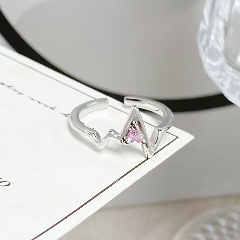 Qixi Festival Gift Pink Electrocardiogram Love Open Ring Sweet Geometric Niche Full Diamond Zircon Light Luxury Index Finger Ring Adjustable opening
