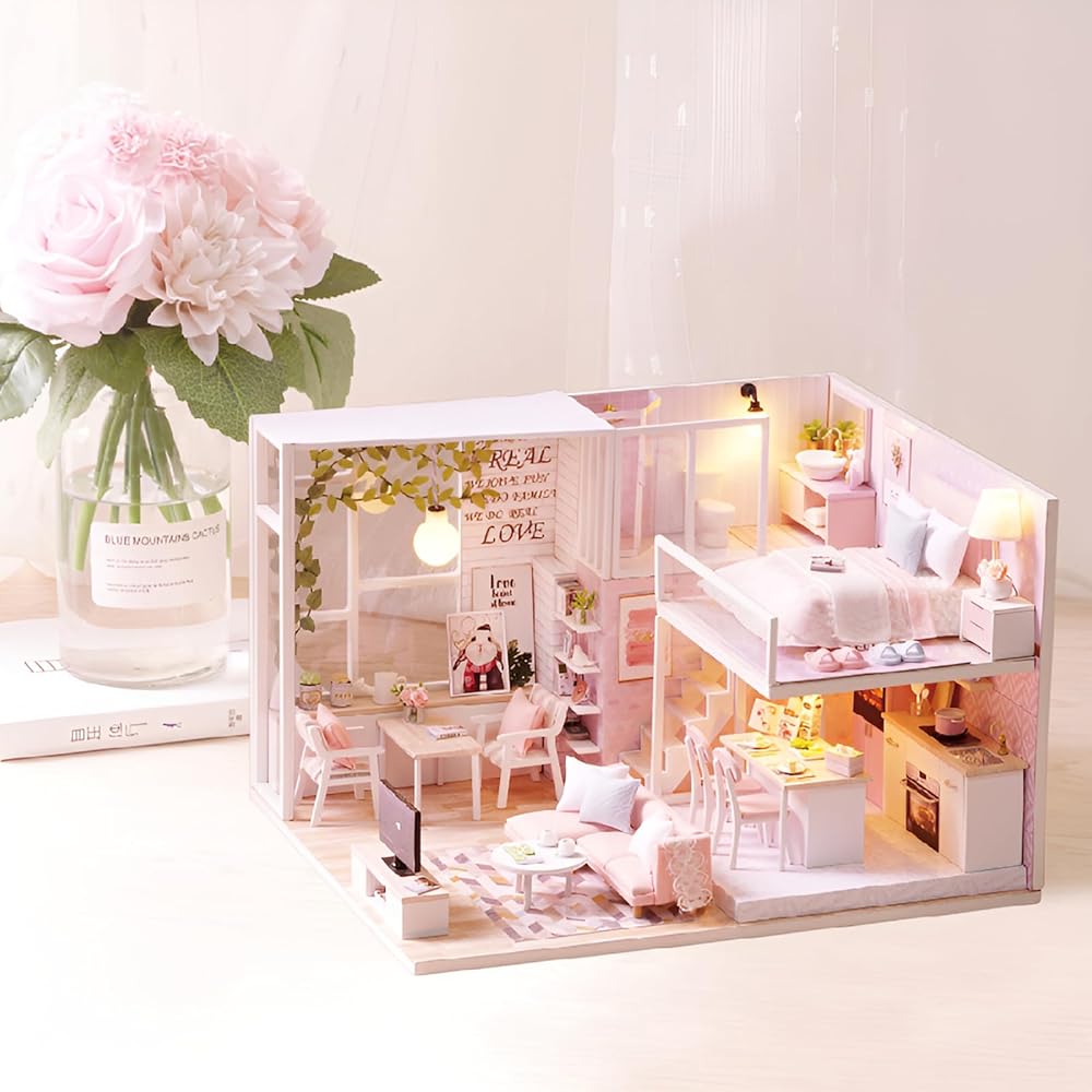 CUTRROOM DIY Miniature Wooden Dollhouse Kit 1:24 Scale with Furniture, Music Box, Dust Cover, LED Light