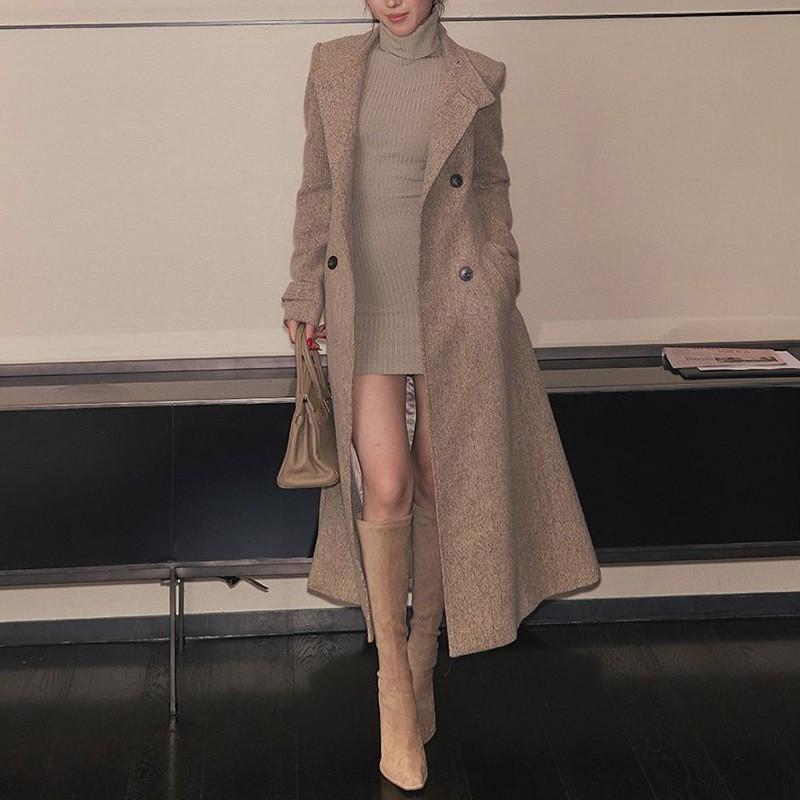 Vintage Elegant Stand Collar Long Wool Blend Coat Women Slim Fit Casual Overcoat