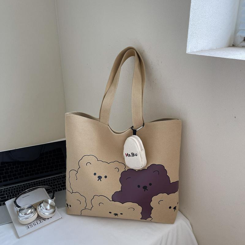 Casual large-capacity bag women's summer new cartoon bear canvas bag college students commute to class shoulder tote bag
