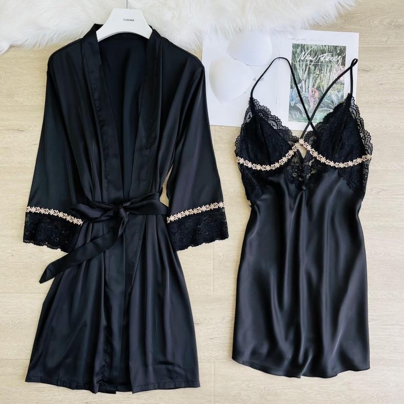 Summer Sexy Two-piece Robe Set for Women Kimono Bathrobe Robe Lace Pajamas Pajamas Loose Rayon Home Wear Casual Wear