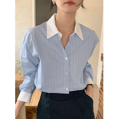 Primavera Nicho Temperamento Color Colisión Solapa Suelta Casual Versátil Manga Larga Camisa a Rayas Blusa Femenina Cómoda Moda Ropa de Mujer