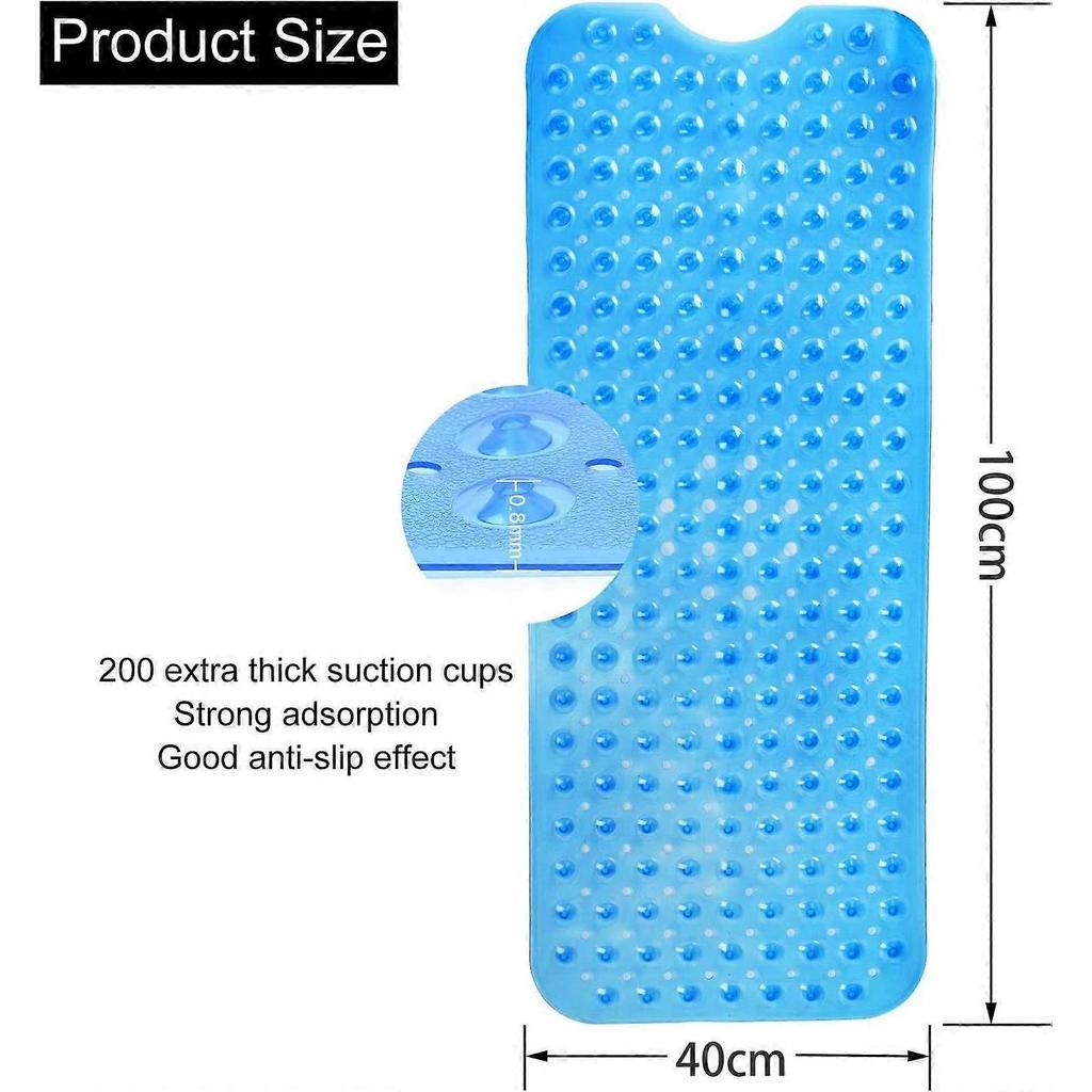 Non Slip Bath Mat, 100 x 40cm Extra Long Non Slip Bathtub Mat/Shower Mat with 200 Suction Cups, Machine Washable (Clear Blue)1pcs