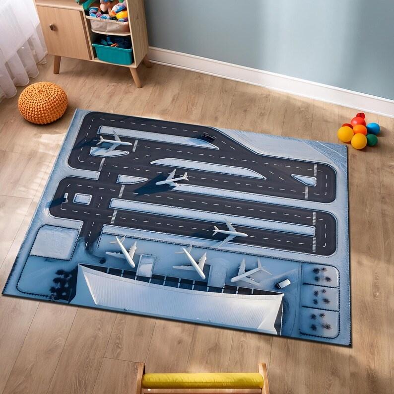 Airport Runway Carpet Airplane Scene Rug Kids Play Mat Home Decoration Non-Slip Soft Floor Mat for Children Playroom Living Room