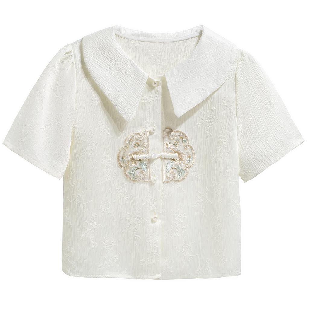 New Fashion Summer Short Sleeve Chinese Style Doll Collar Embroidery Chiffon Blouse Shirt Women Tops J392