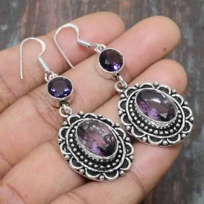 Amethyst-Edelstein, handgefertigt, massiver 925er-Sterlingsilber-Schmuckohrring für Frauen