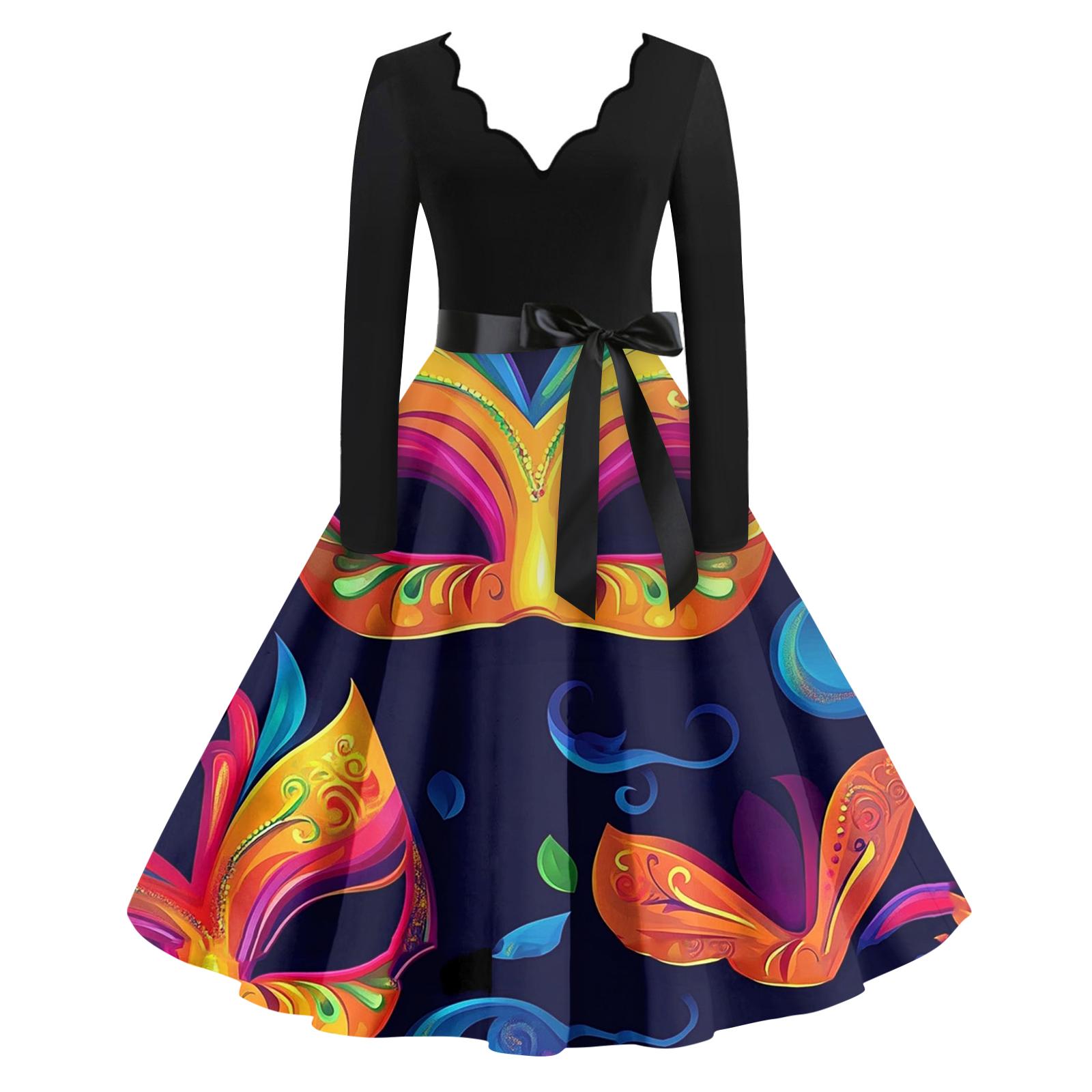 

Женское повседневное модное платье с V-образным вырезом и длинным рукавом с принтом в винтажном стиле XL