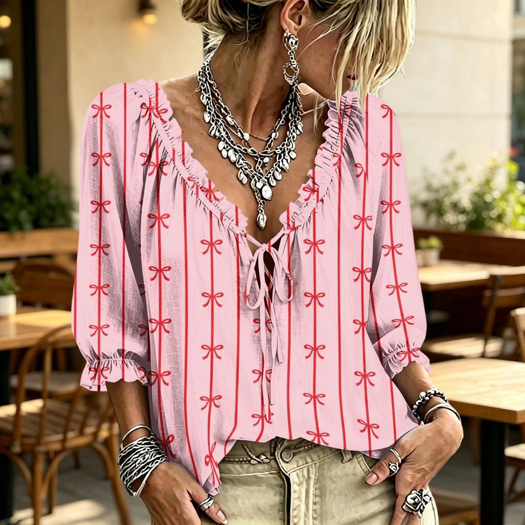 Women's Printed V-Neck Blouse with Tie and Ruffle Trim for Casual Wear