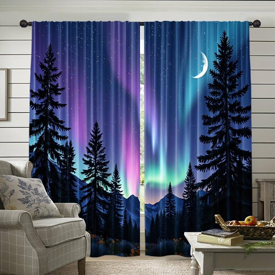 2PCS Digital Printed Curtains, Starry Sky Aurora Forest, Four Seasons Machine Washable Fabric for Bedroom Living Room Home Decor