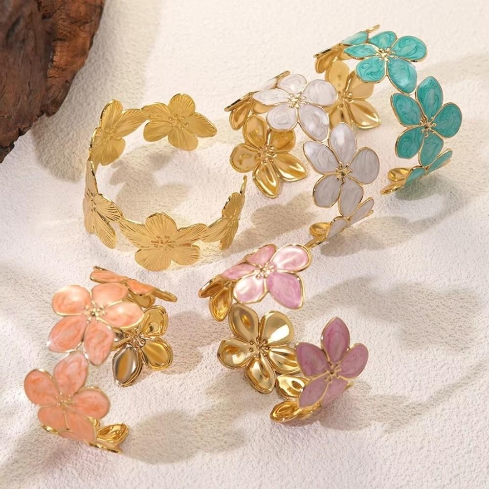 Opening Design Cuff Bangle Bracelet Stainless Steel Flower Opening Ladies Bangle  Romantic Gift