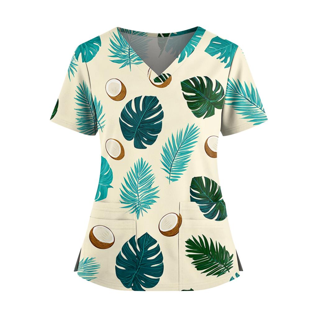 Women's Hawaiian Print V-Neck Double Pocket Short Sleeve Uniform/ Top