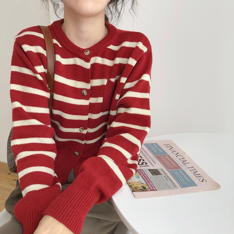 Damen locker gestreifter Strickcardigan - Koreanischer Stil, Neu für 2024, Perfekt für Frühling & Herbst, Dick gestrickte Oberbekleidung