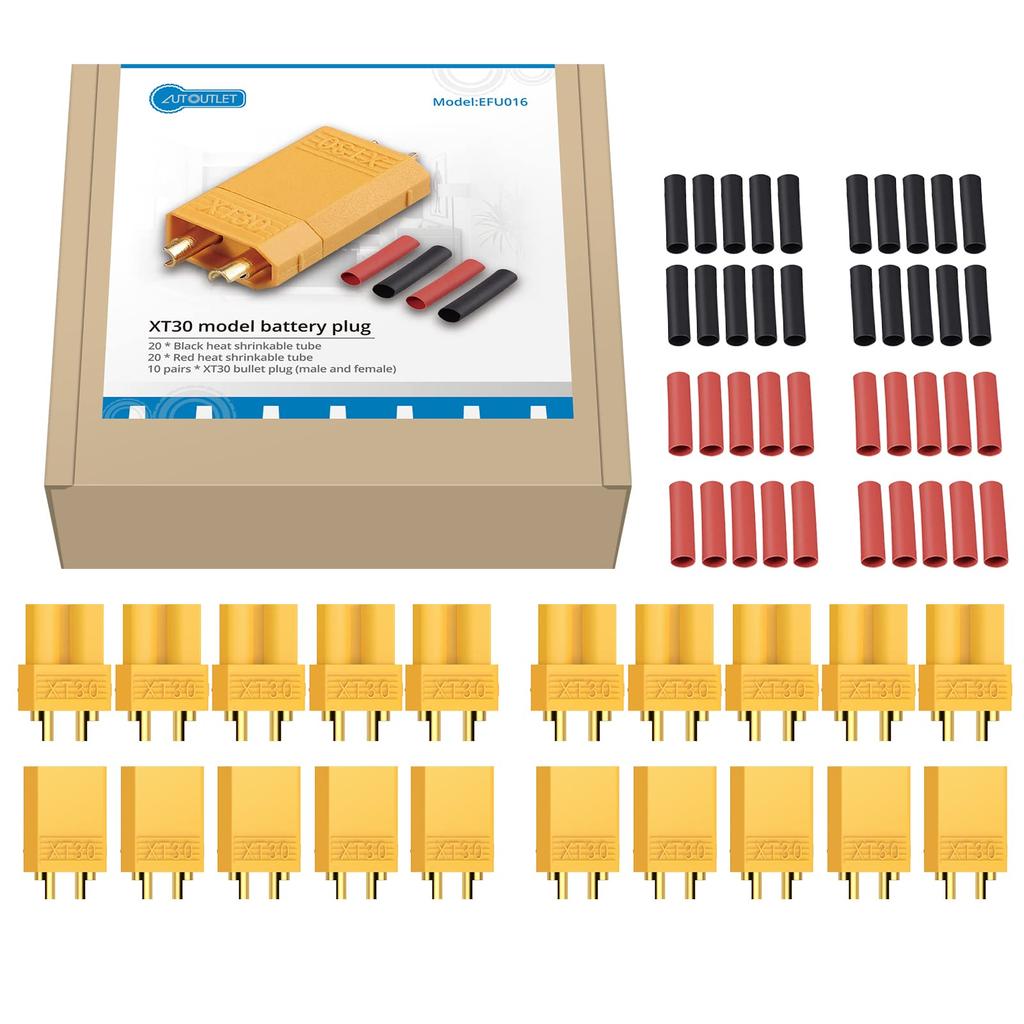 AUTOUTLET XT30 Connectors, 20PCS, 10 Pairs, Male & Female XT30 Connector Plugs with Heat Shrink Tubing for RC Cars, Boats, and LiPos