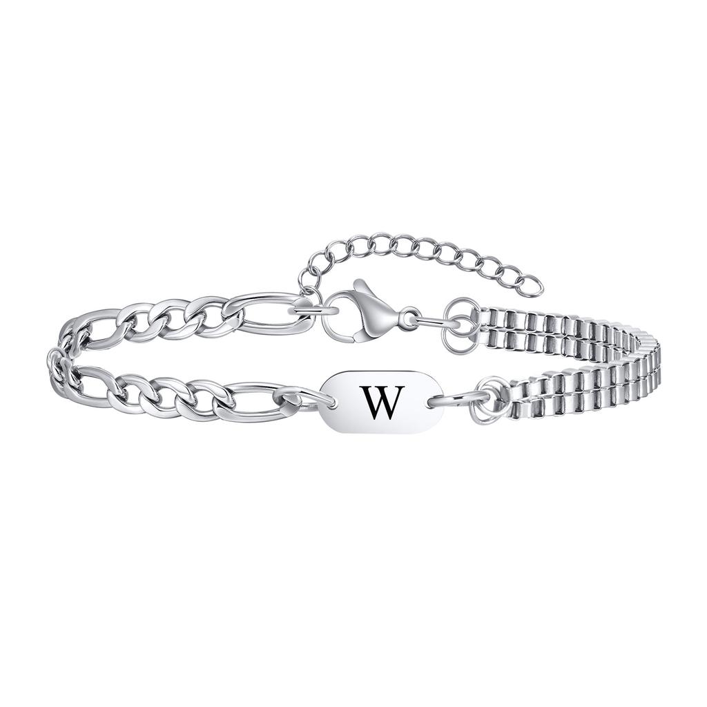 Vnox A-Z Initial Bracelets for Men Women, Never Fade Figaro Chain, Double Layered Box Link Chain Bracelets, Name Gift for Him