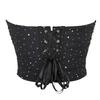 Top Corsetto Senza Spalline in Rete Nera con Strass, Vita Arricciata, Bustier Steccato per Donna