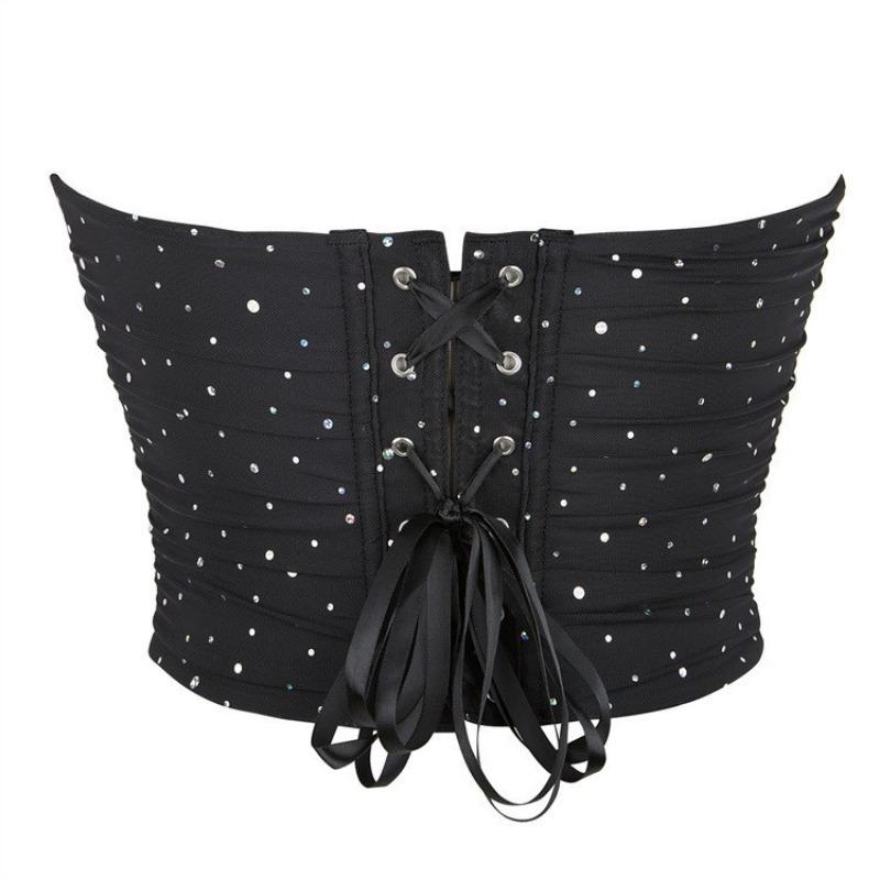 Top Corsetto Senza Spalline in Rete Nera con Strass, Vita Arricciata, Bustier Steccato per Donna