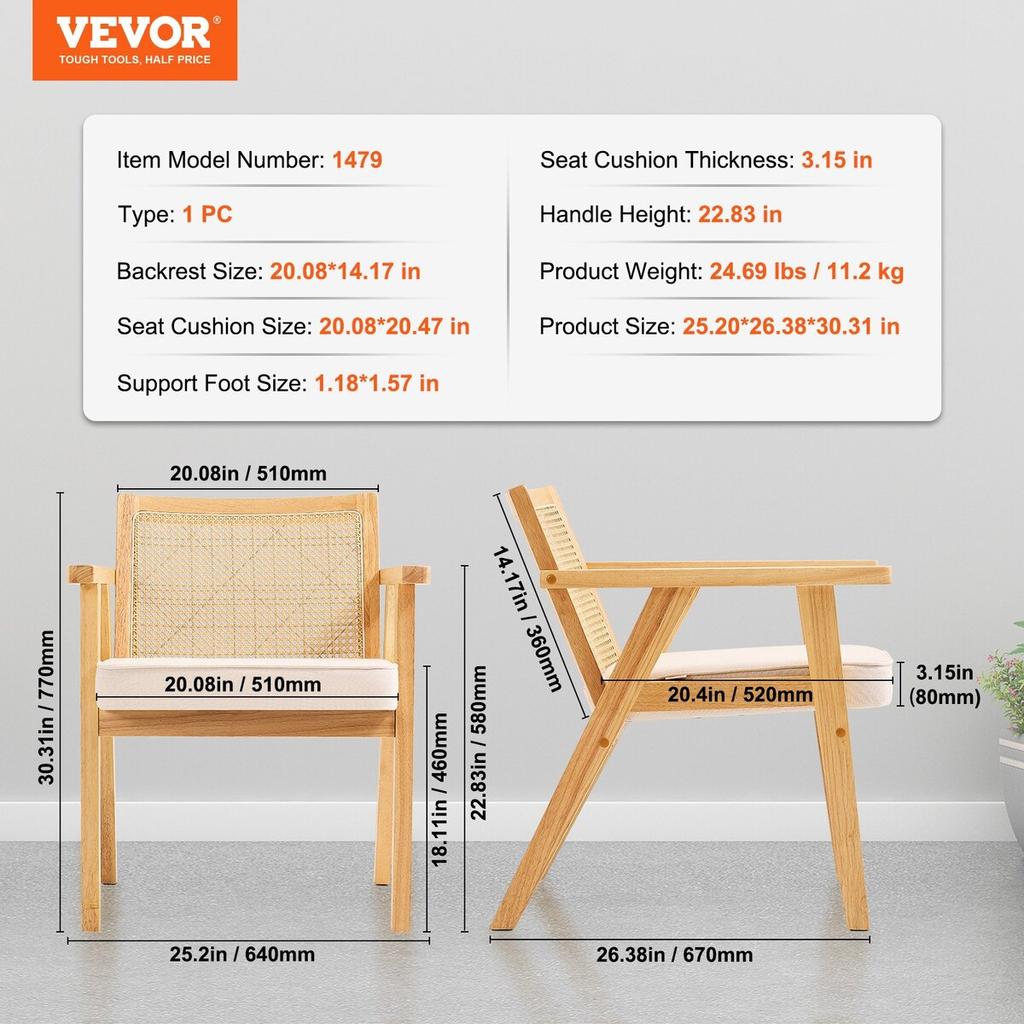 Rattan Chair, Mid Century Modern Dining Chair with Armrest, Upholstered Chair with Rattan Back, Retro Rattan Dining Room Kitchen Chair for Living