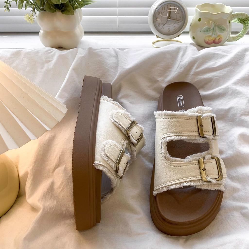 Dicksohlige Birken-Slipper für Damen-Sommerbekleidung 2025 Retro-Feenwind mit Fransen hässlich und niedlich flachsohlige Damen-Birken-Sandalen Tide