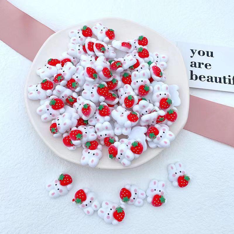 DW92 10pcs Cute Cartoon Sweet Strawberry Rabbit Resin Charms Earring Keychain Pendant Making Diy Cartoon Charms Jewelry Findings