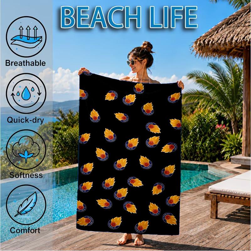 Flame Soccer Emblem Printed Microfiber Beach Towel, Soft And Absorbent, Quick-Dry, Ideal for Summer Travel, Beach Essential, Swimming Pool