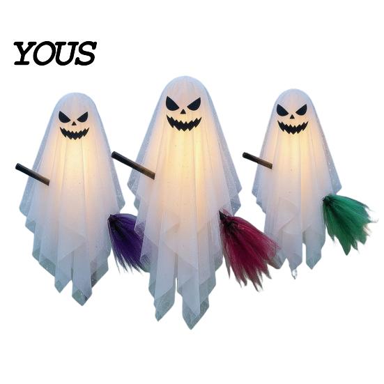 Weather Resistant Halloween Decor 3 Pcs Hanging Ghosts on Brooms, Spooky Flying Gauze Ghost Lighted Yard Sign with Broomstick for Tree, Porch,