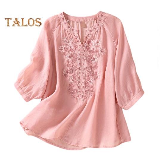 

Летняя женская рубашка с V-образным вырезом и цветочной вышивкой, рукава три четверти, свободная однотонная ретро-мама, женская повседневная блузка среднего возраста L розовый