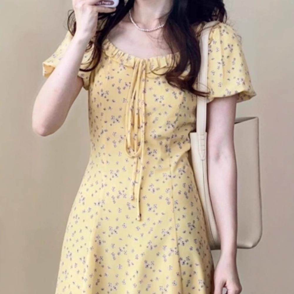 Bubble Sleeve Floral Dress Children's Summer New French Temperament Seaside Vacation Waist Thin Dress