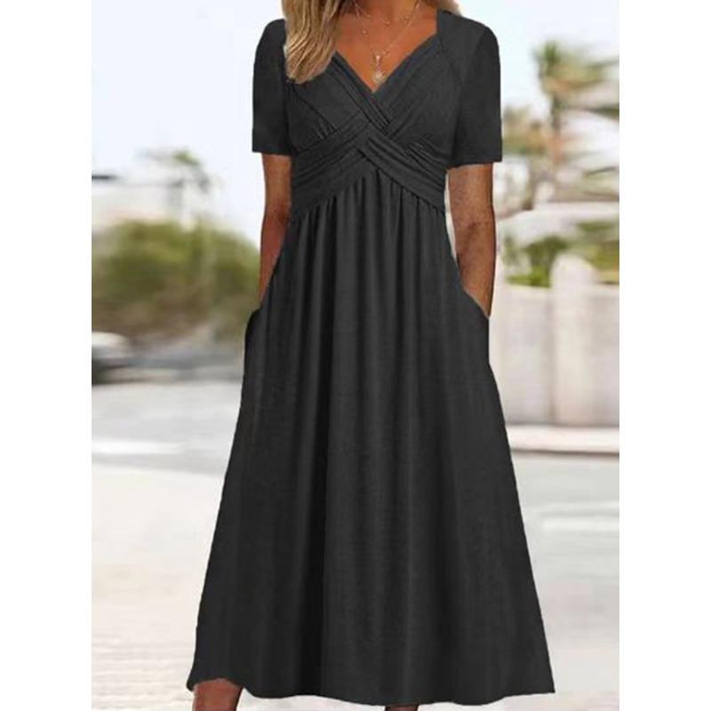 QICED Abiti casual con scollo a V a maniche corte stampa tinta unita primavera estate moda donna