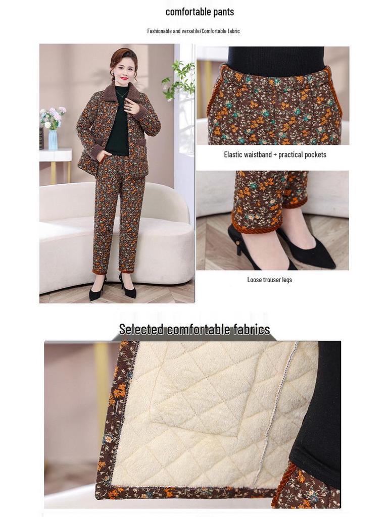 Hengyuanxiang Women's Winter Pajama Set: Cotton Padded Jacket & Pants with Velvet Lining for Middle-Aged and Elderly