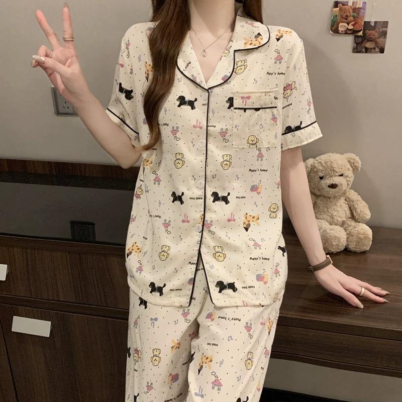 Short-sleeved Trousers, Summer Pajamas, Women's Cardigan, Casual Home Service 2-piece Suit