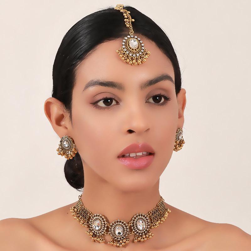 Sparkling Gemstone Drip Bead Hair Chain Necklace Earrings Combination Women s Jewelry Set белый