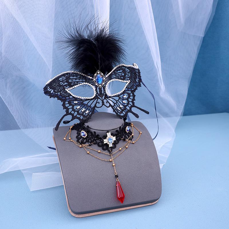Damen Halloween Schwarze Spitze Maskenball Maske mit Feder Halsketten-Accessoire
