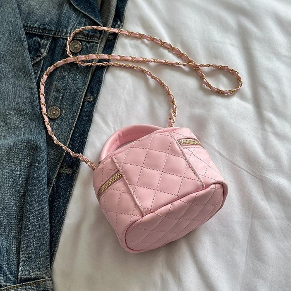 Mini Diamond Quilted Leather Bucket Bag Checkered Pattern Multi-Color Crossbody Bag with Gold Chain Shoulder Strap
