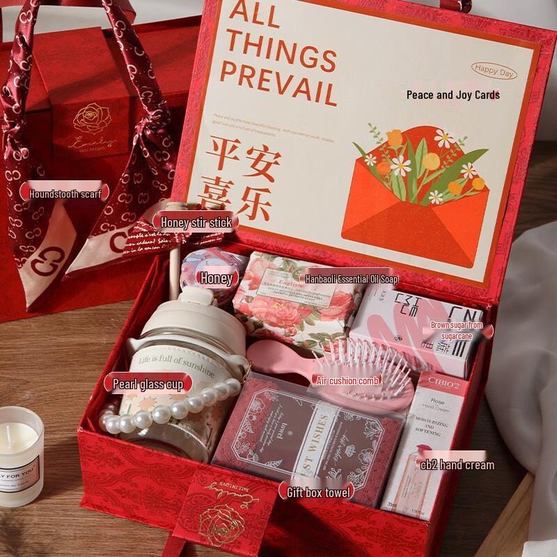 Red Celebration Gift Set with Glass, Honey, Brown Sugar, and Towel