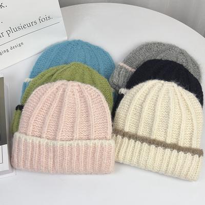 Korean Style Fashion Autumn and Winter Contrasting Hat Wool Hat Warmth Thick Ear Protection Women's Versatile Japanese Knitted Hat Trend